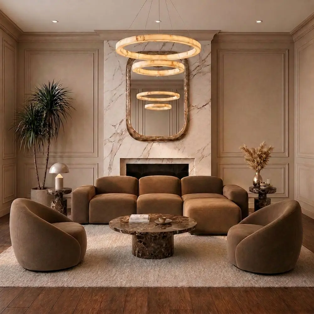 Contemporary living setting in warm brown velvet and marble